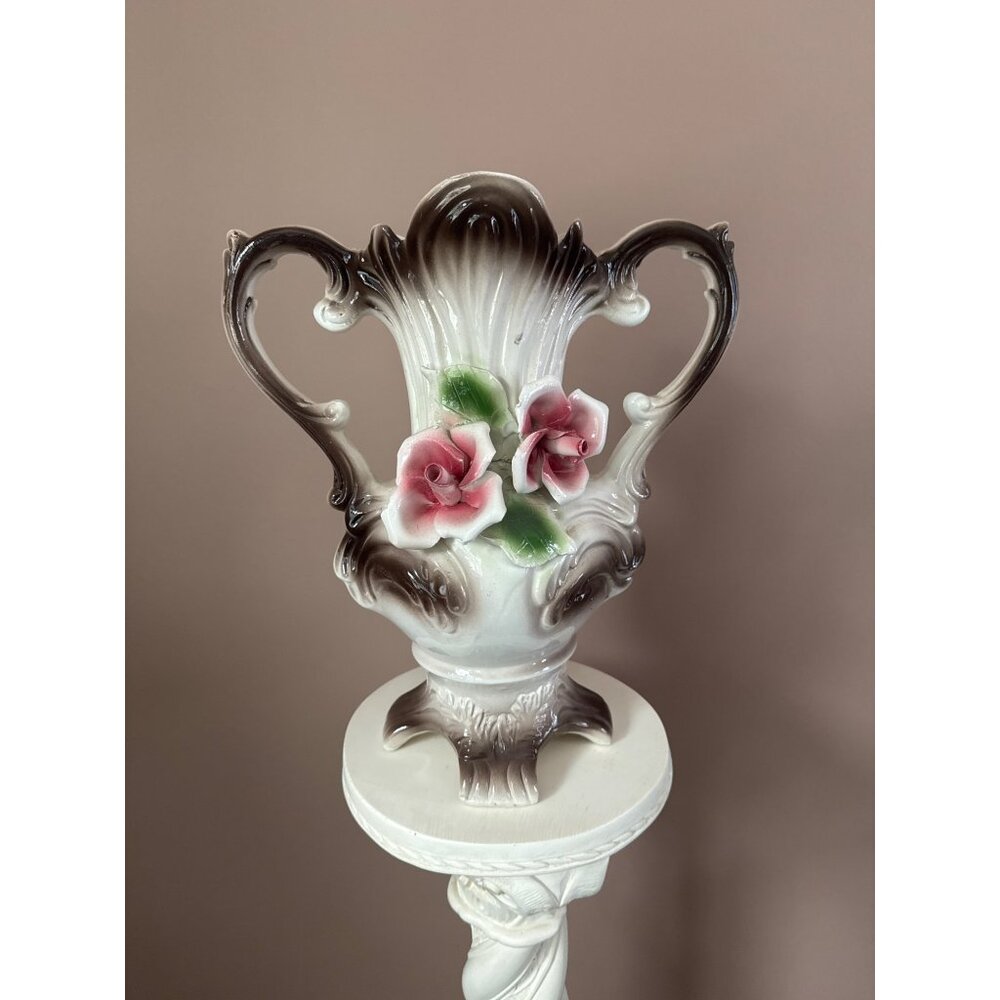 Capodimonte Double Handle Porcelain Footed Vase  Pink Roses Made in Italy Vtg